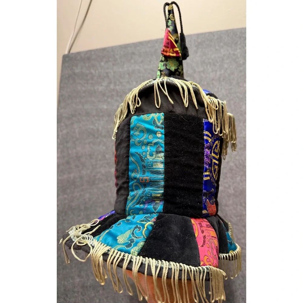Colorful Renaissance Velvet Patchwork Jester Hat with Gold Fringe and Tassel